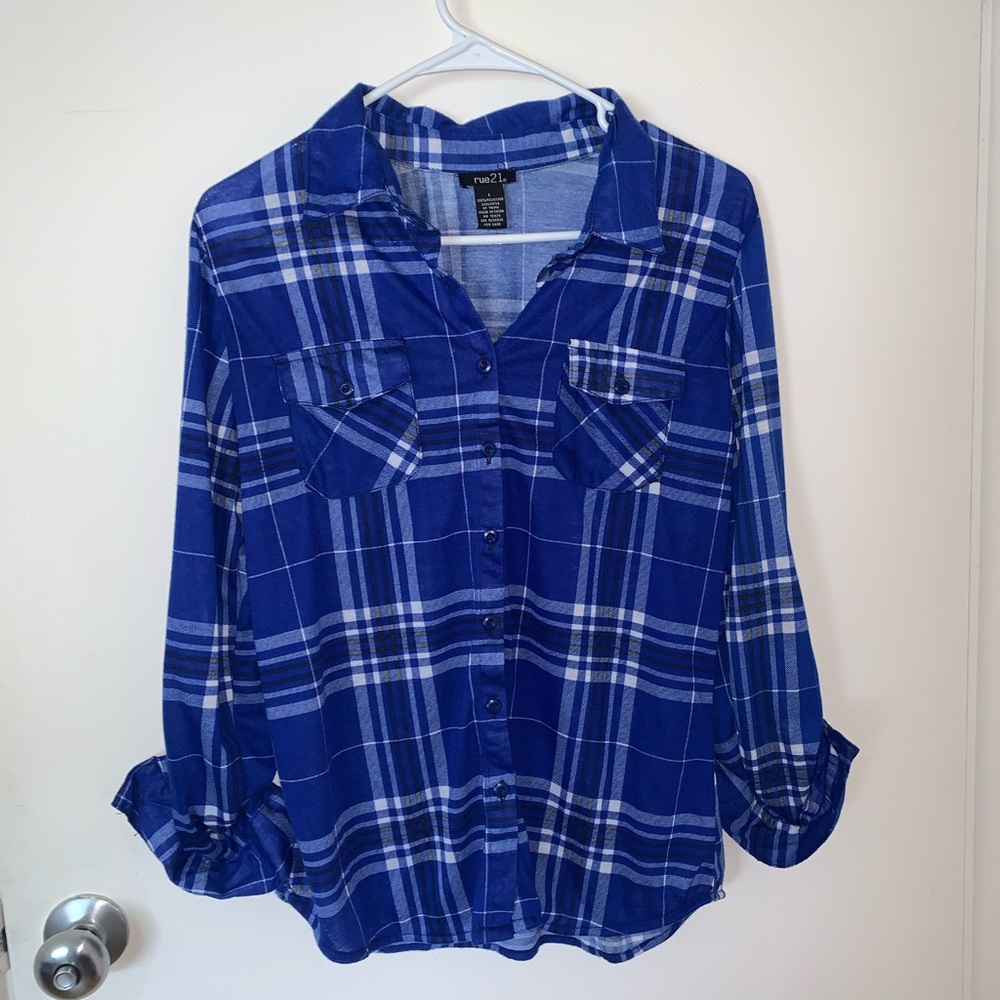 Rue 21 Blue Plaid Long Sleeve Shirt